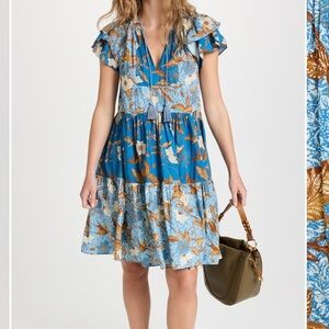 Ulla Johnson Gail Blue and Brown Ruffle Mini Dress size 6